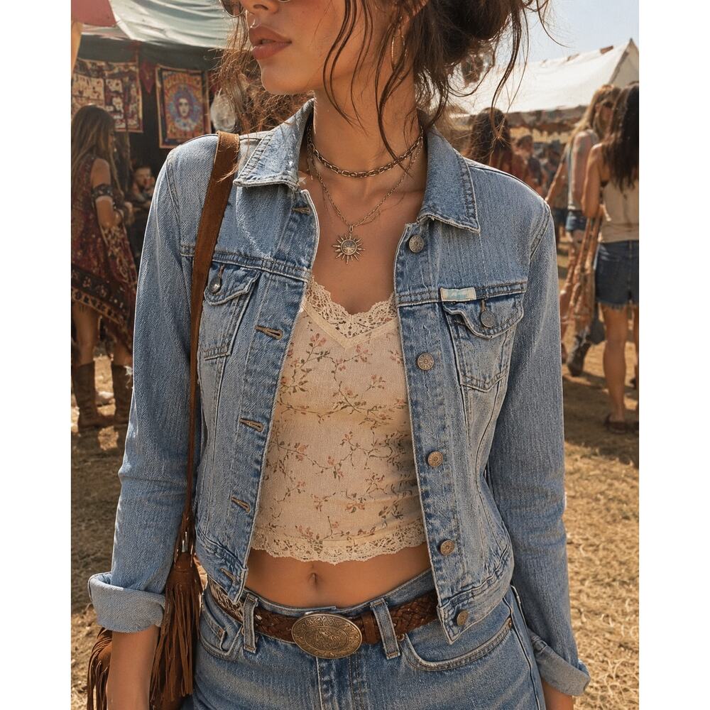 Hollister Vintage Y2K Cropped Denim Jacket Light Wash Stretch Trucker Festival S